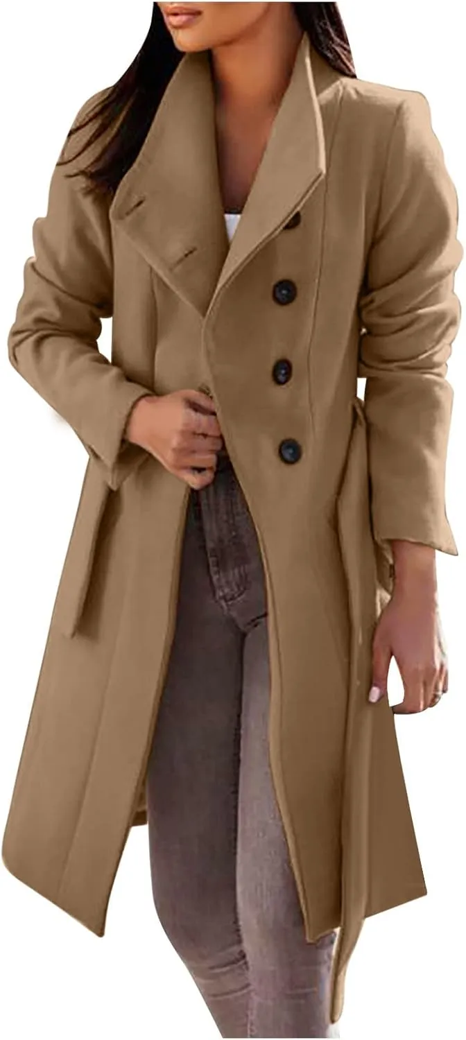 Women's Elegant Lapel Collar Double Breasted Jacket Winter Casual Wool Blend Overcoat Belted Trench Coat