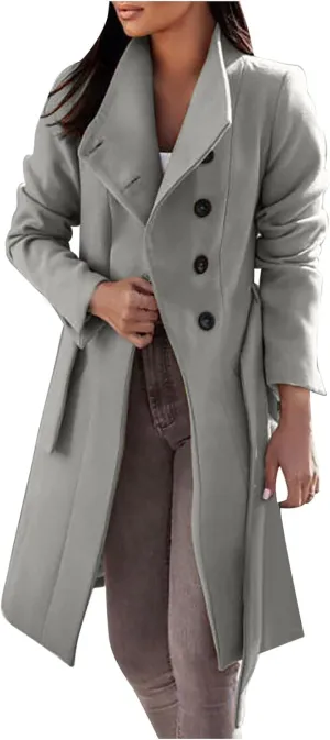 Women's Elegant Lapel Collar Double Breasted Jacket Winter Casual Wool Blend Overcoat Belted Trench Coat