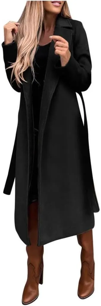 Women's Elegant Lapel Collar Regular Wool Blend Overcoat Coat Belt