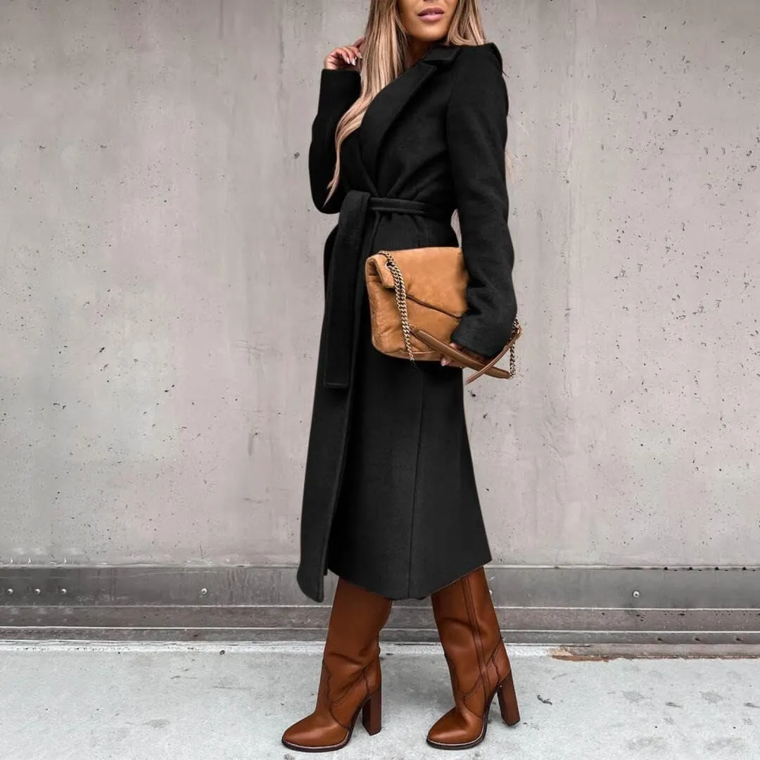 Women's Elegant Lapel Collar Regular Wool Blend Overcoat Coat Belt