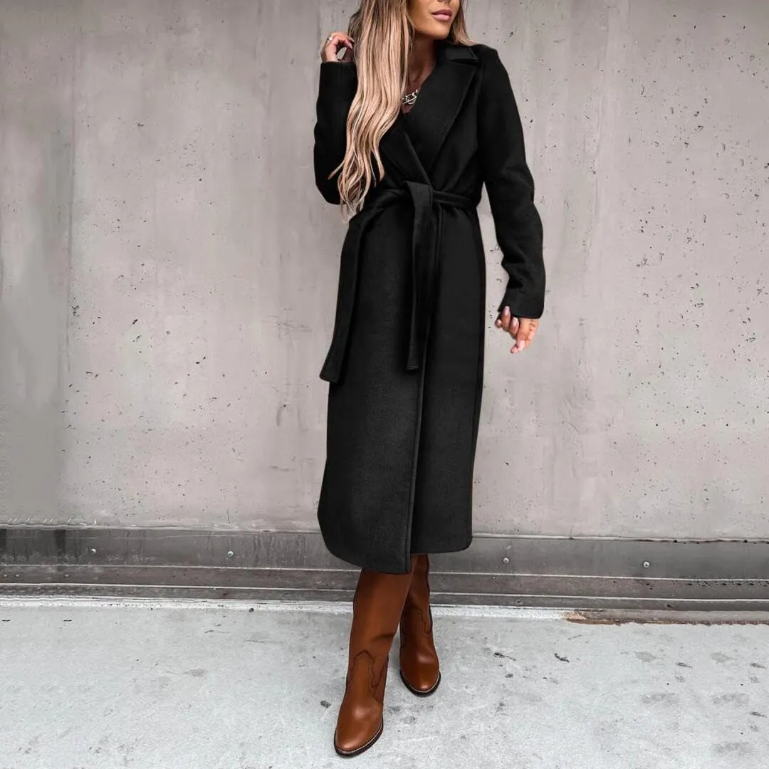 Women's Elegant Lapel Collar Regular Wool Blend Overcoat Coat Belt