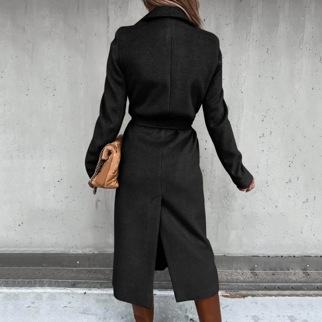 Women's Elegant Lapel Collar Regular Wool Blend Overcoat Coat Belt