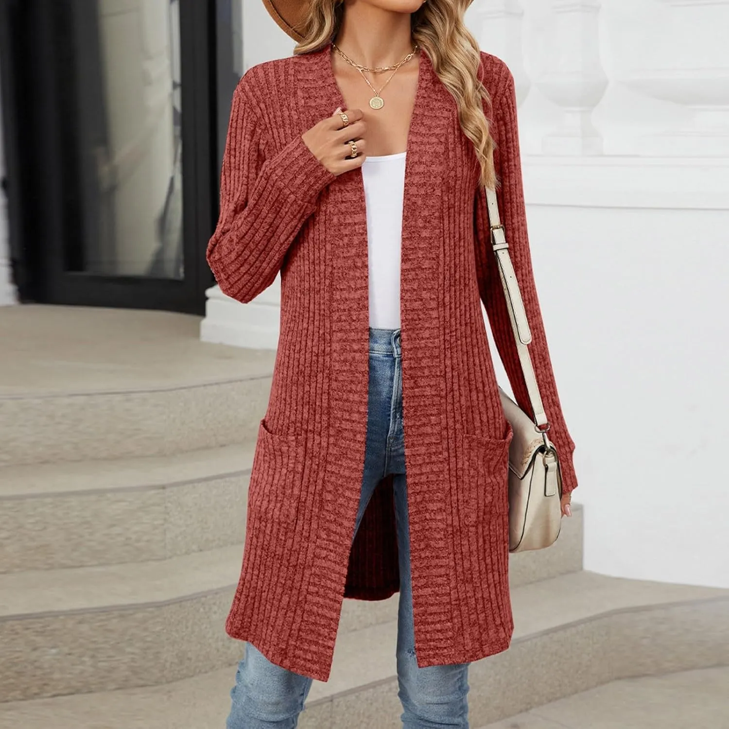 Womens Fall Long Cardigan Lightweight Soft Ribbed Knit Open Front Cardigan Sweaters Long Sleeve Coat Outwear