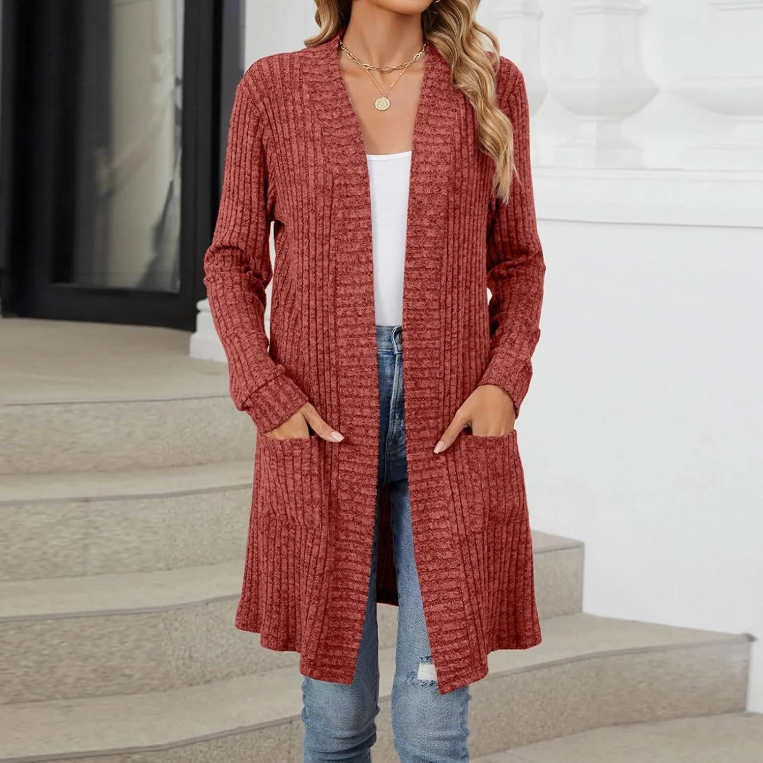 Womens Fall Long Cardigan Lightweight Soft Ribbed Knit Open Front Cardigan Sweaters Long Sleeve Coat Outwear
