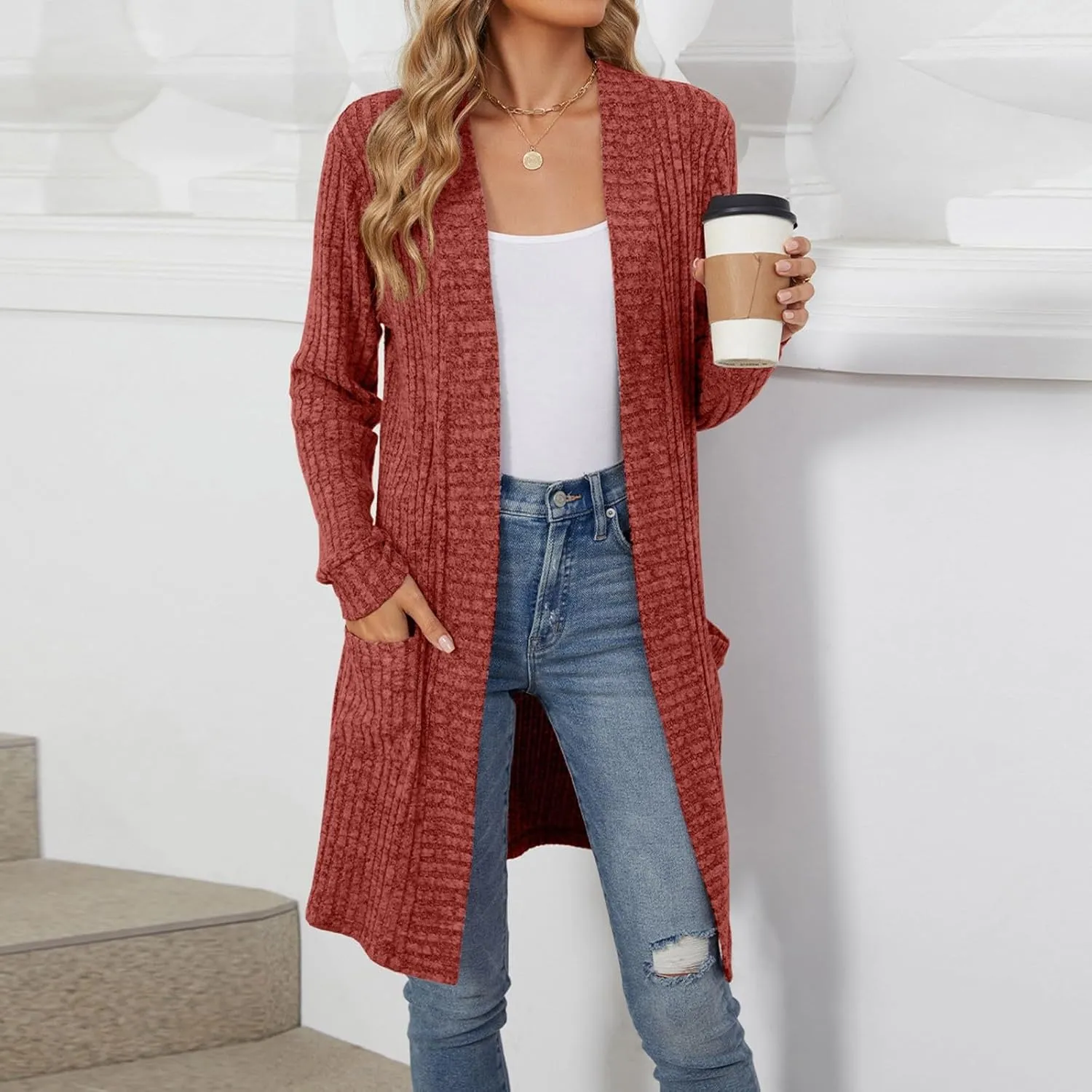 Womens Fall Long Cardigan Lightweight Soft Ribbed Knit Open Front Cardigan Sweaters Long Sleeve Coat Outwear