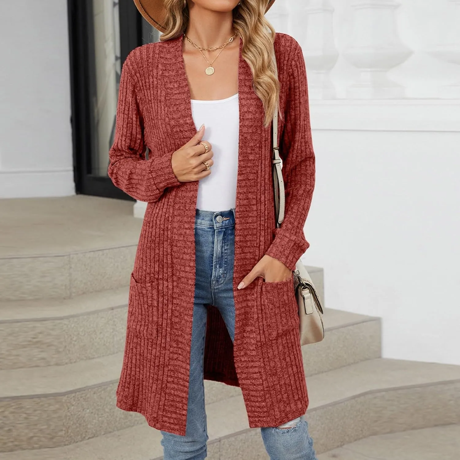 Womens Fall Long Cardigan Lightweight Soft Ribbed Knit Open Front Cardigan Sweaters Long Sleeve Coat Outwear