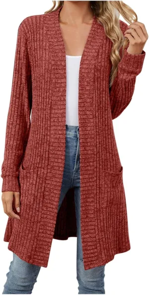 Womens Fall Long Cardigan Lightweight Soft Ribbed Knit Open Front Cardigan Sweaters Long Sleeve Coat Outwear