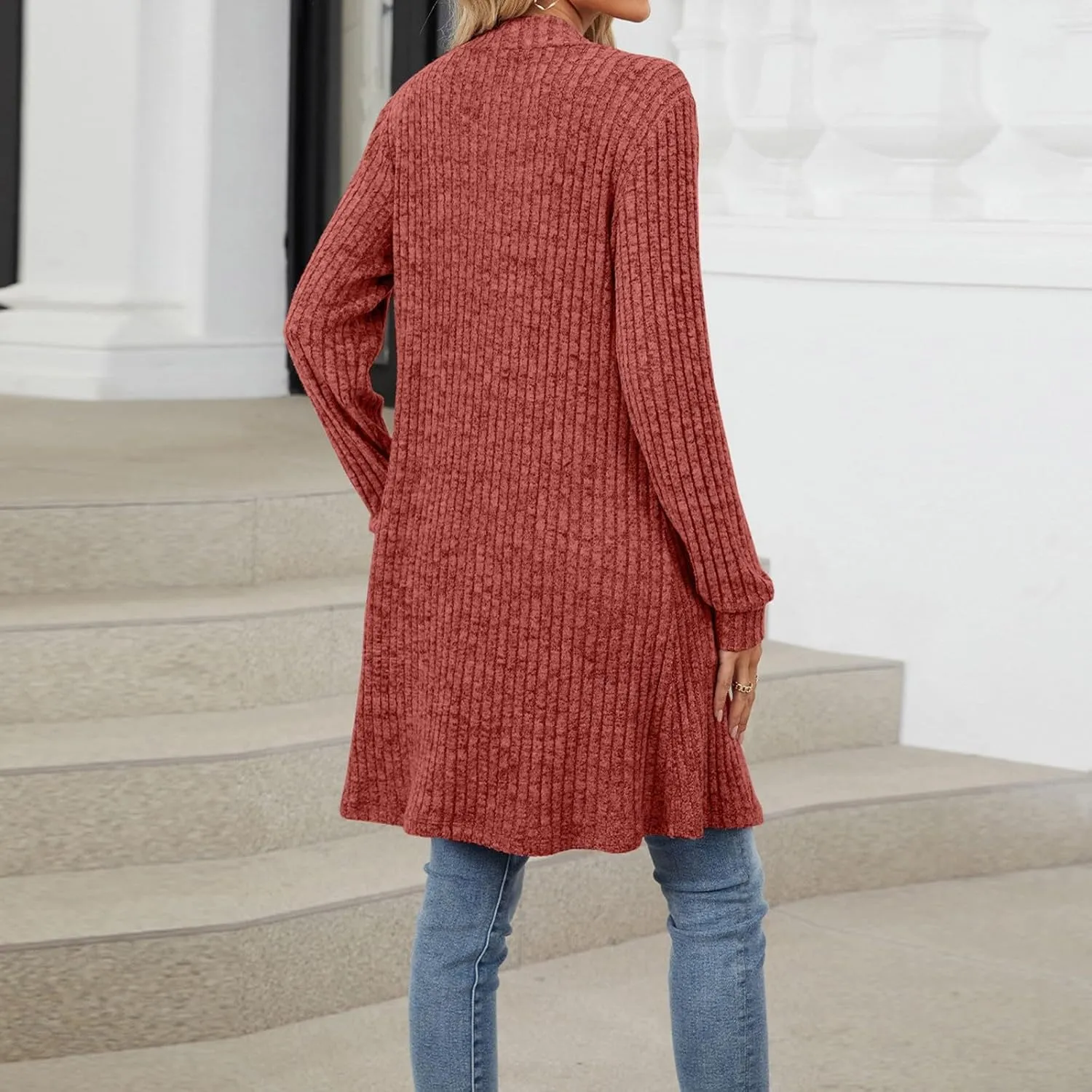 Womens Fall Long Cardigan Lightweight Soft Ribbed Knit Open Front Cardigan Sweaters Long Sleeve Coat Outwear