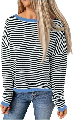 Women's Fall Winter Casual Trendy Long Sleeve Crew Neck Striped Cable Knit Pullover Sweater Plus Size, S-3XL