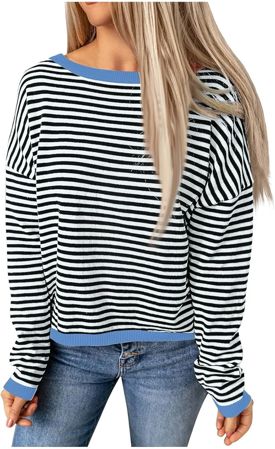 Women's Fall Winter Casual Trendy Long Sleeve Crew Neck Striped Cable Knit Pullover Sweater Plus Size, S-3XL