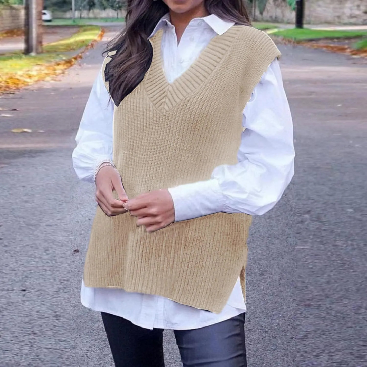 Women's Fall Winter Casual Trendy V-Neck Sleeveless Cable Knit Sweater Vest