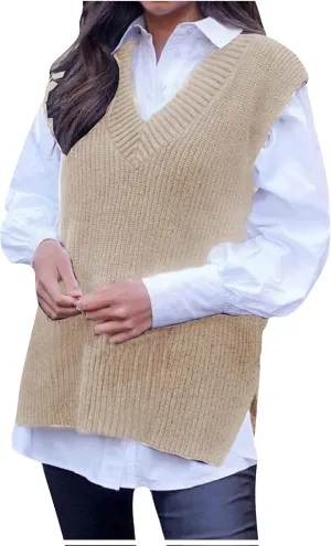 Women's Fall Winter Casual Trendy V-Neck Sleeveless Cable Knit Sweater Vest