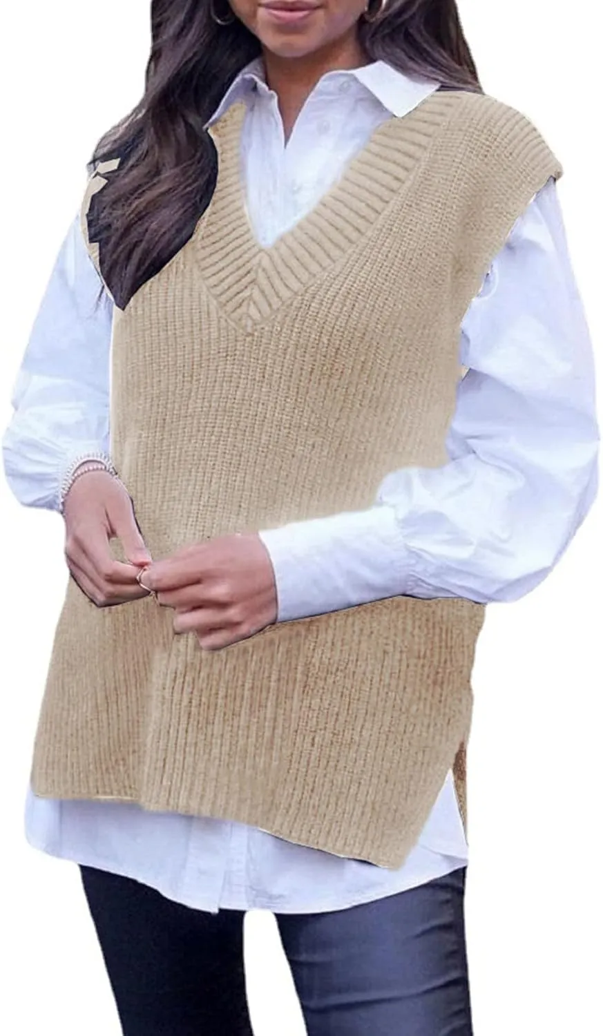 Women's Fall Winter Casual Trendy V-Neck Sleeveless Cable Knit Sweater Vest