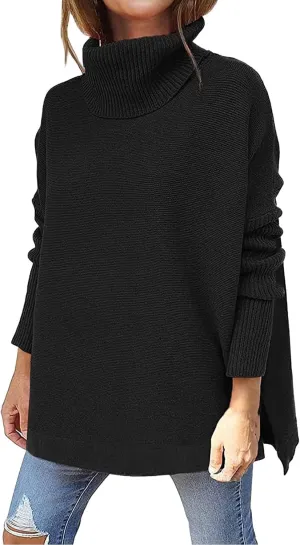 Women's Fall Winter Trendy Loose Turtleneck Long Sleeve Solid Knit Sweater