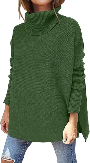 Women's Fall Winter Trendy Loose Turtleneck Long Sleeve Solid Knit Sweater