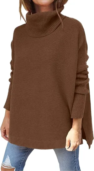 Women's Fall Winter Trendy Loose Turtleneck Long Sleeve Solid Knit Sweater