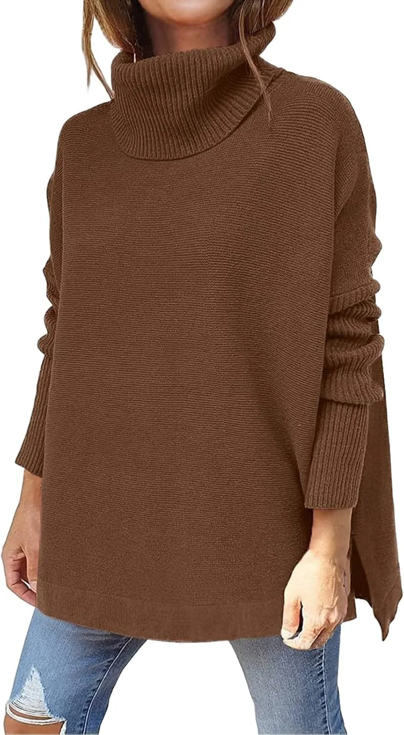 Women's Fall Winter Trendy Loose Turtleneck Long Sleeve Solid Knit Sweater
