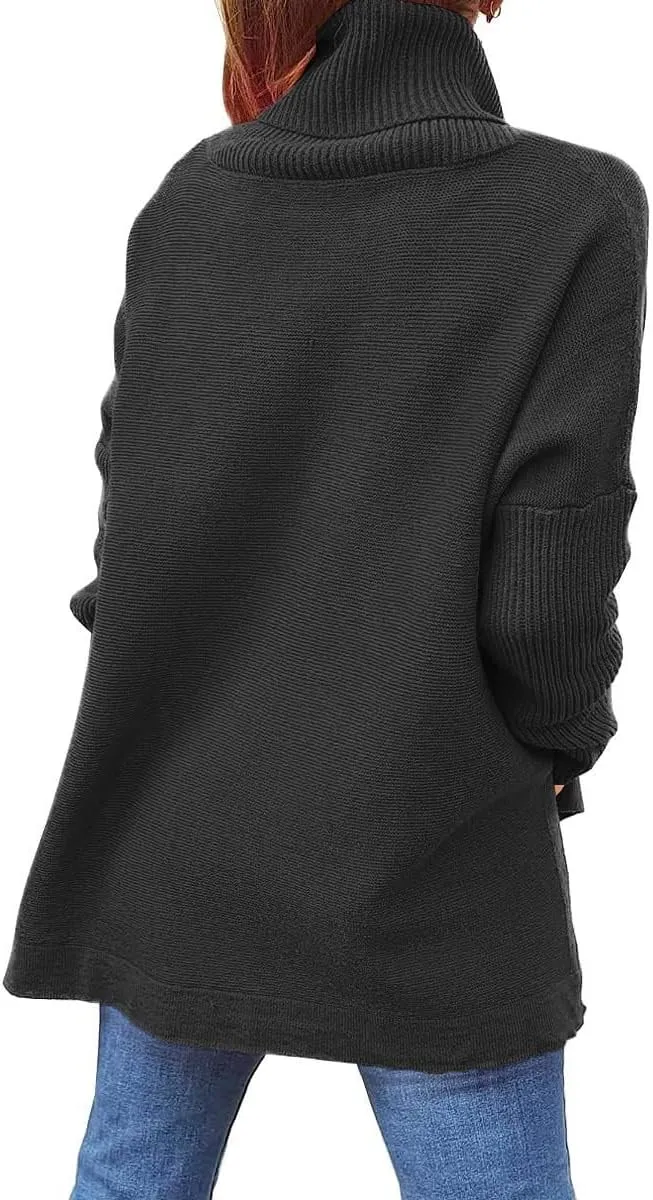 Women's Fall Winter Trendy Loose Turtleneck Long Sleeve Solid Knit Sweater