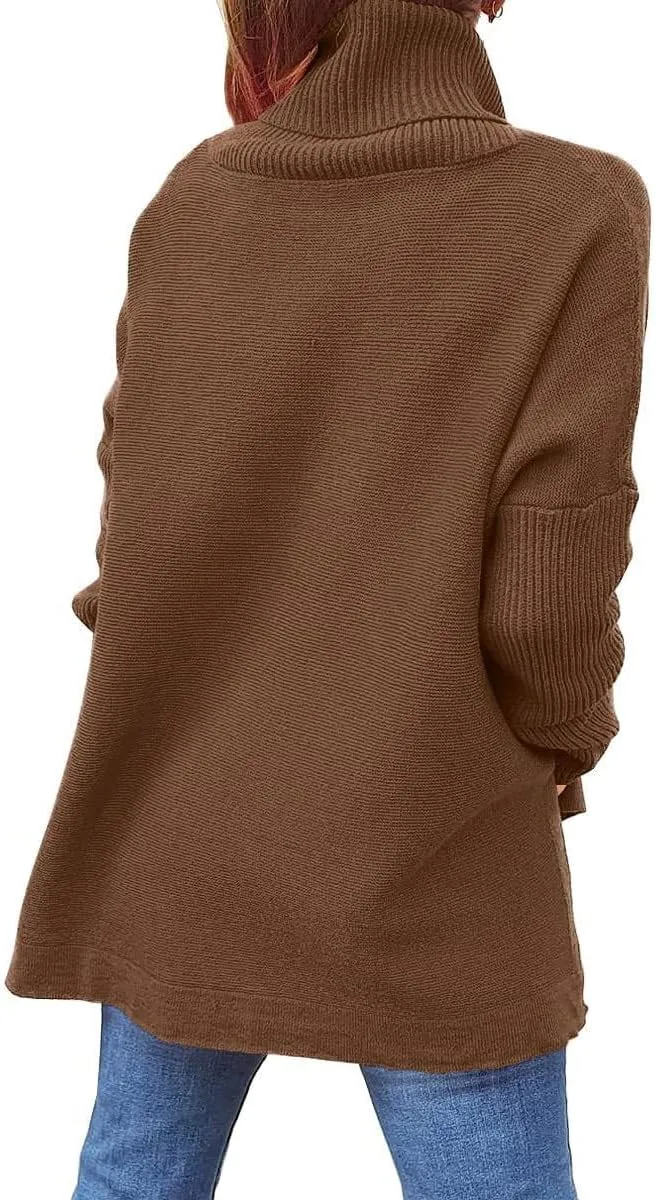 Women's Fall Winter Trendy Loose Turtleneck Long Sleeve Solid Knit Sweater