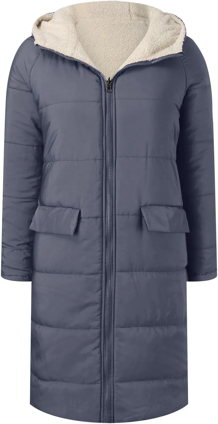 Womens Fashion Casual Fleece Coats Long Sleeve Zipper Hooded Pockets Outwear Thick Insulated Soft Reversible Overcoat