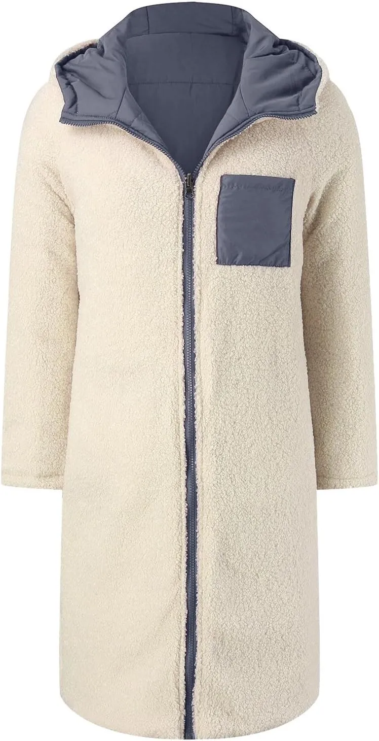 Womens Fashion Casual Fleece Coats Long Sleeve Zipper Hooded Pockets Outwear Thick Insulated Soft Reversible Overcoat