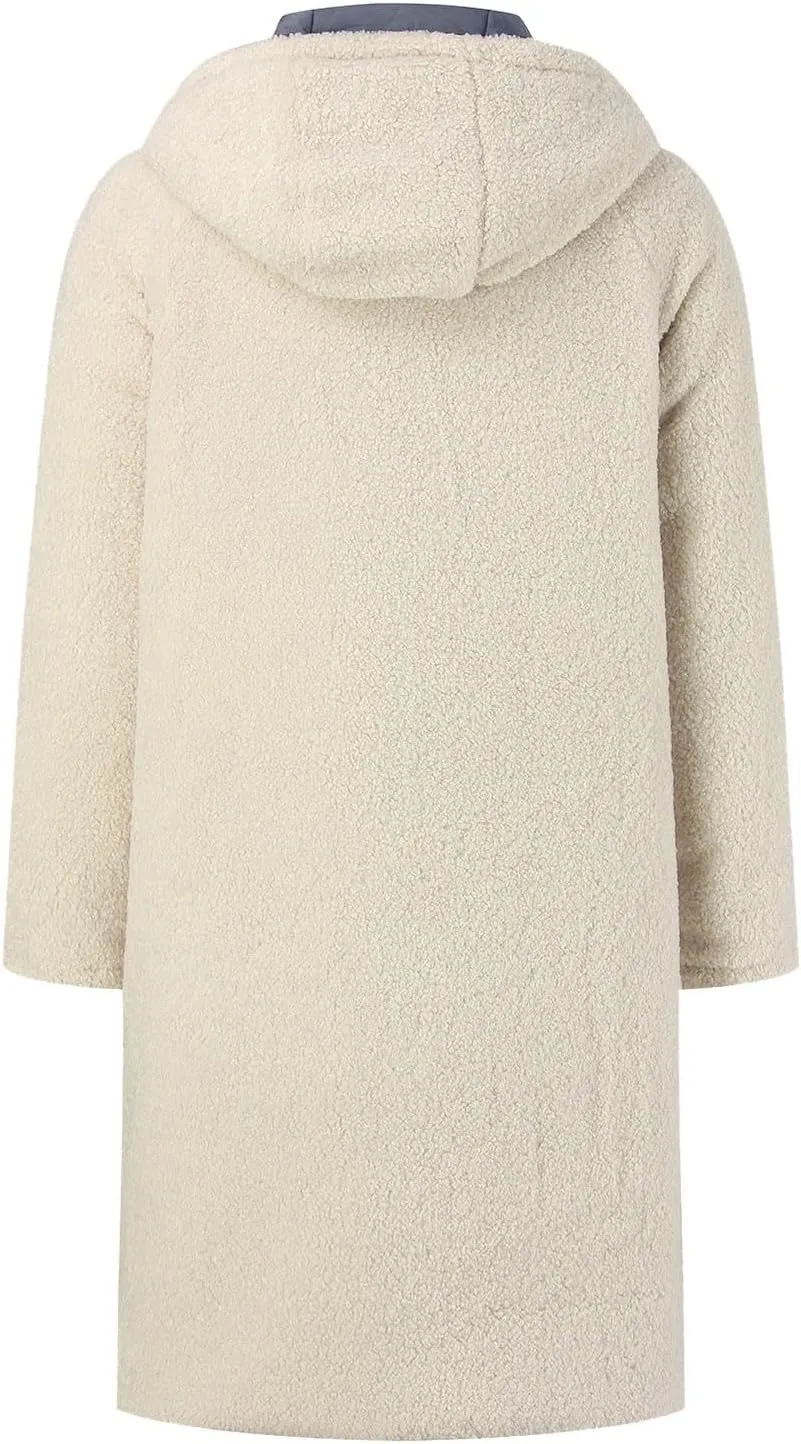Womens Fashion Casual Fleece Coats Long Sleeve Zipper Hooded Pockets Outwear Thick Insulated Soft Reversible Overcoat