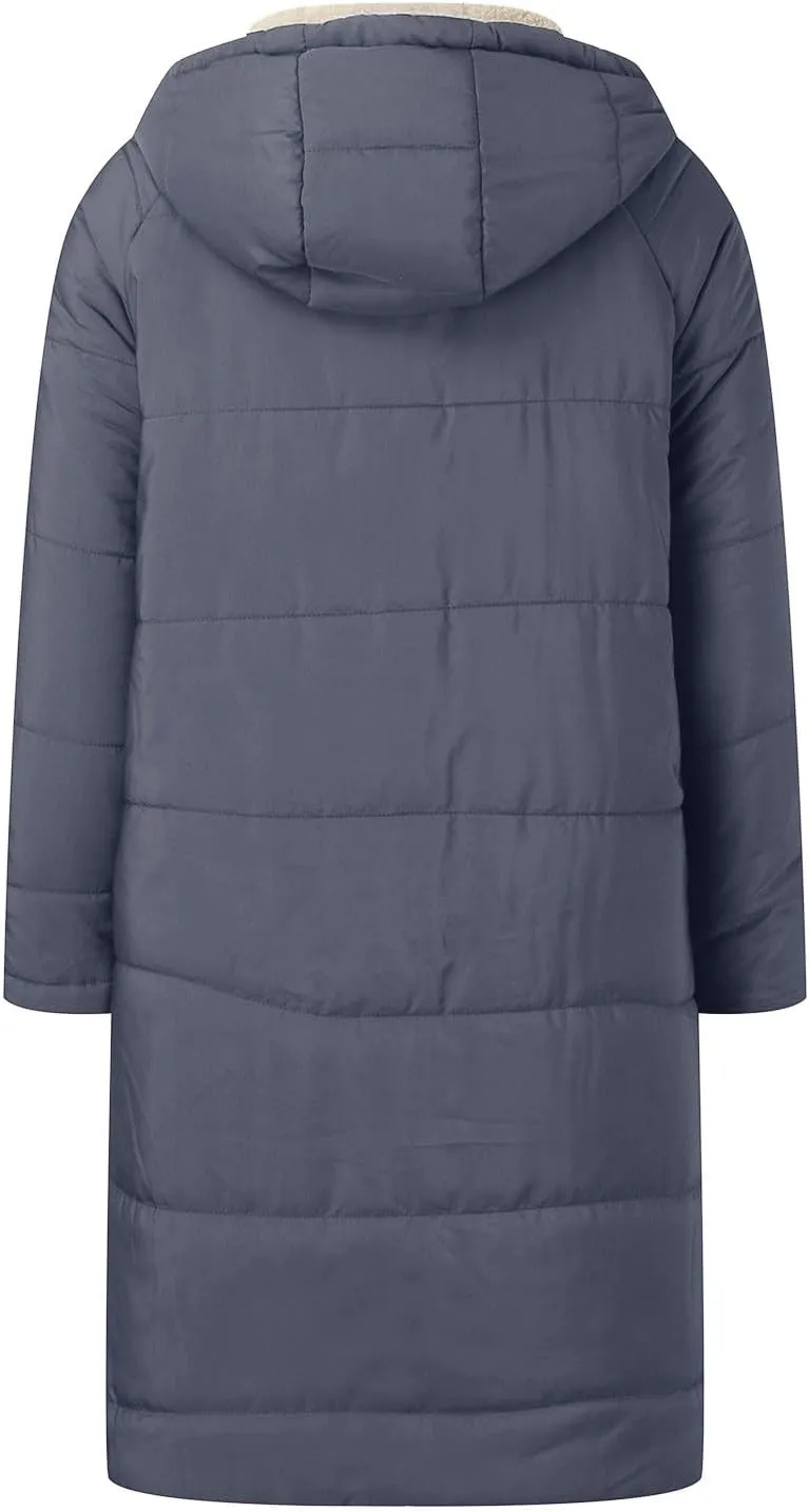 Womens Fashion Casual Fleece Coats Long Sleeve Zipper Hooded Pockets Outwear Thick Insulated Soft Reversible Overcoat