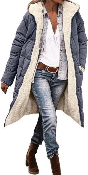 Womens Fashion Casual Fleece Coats Long Sleeve Zipper Hooded Pockets Outwear Thick Insulated Soft Reversible Overcoat