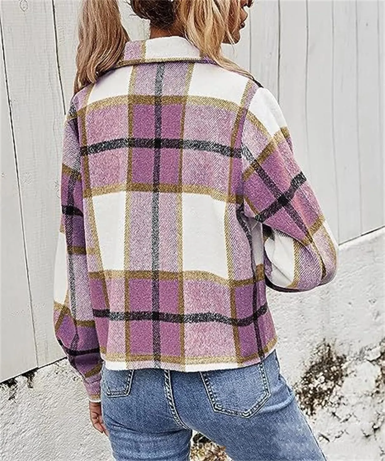 Women's Fashion Cropped Flannel Wool Blend Plaid Shacket Long Sleeve Button Down Jackets 2023 Fall Casual Coat Pockets
