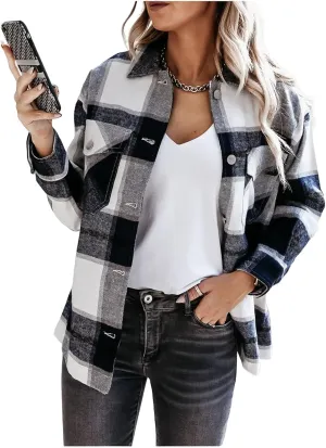 Women's Fashion Cropped Flannel Wool Blend Plaid Shacket Long Sleeve Button Down Jackets 2023 Fall Casual Coat Pockets