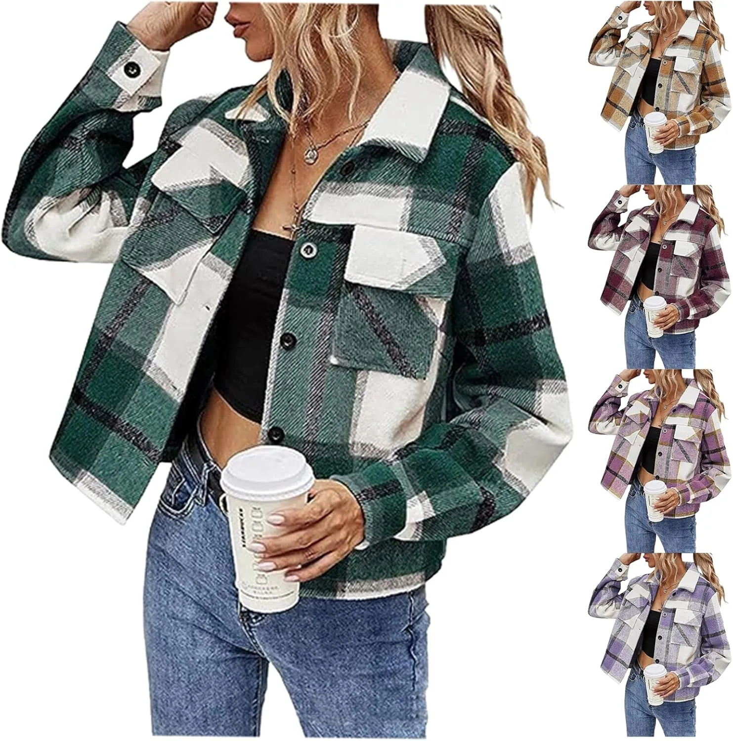 Women's Fashion Cropped Flannel Wool Blend Plaid Shacket Long Sleeve Button Down Jackets 2023 Fall Casual Coat Pockets