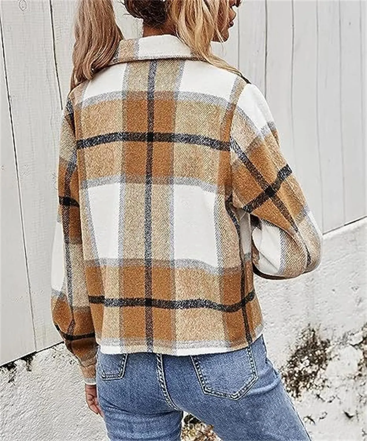 Women's Fashion Cropped Flannel Wool Blend Plaid Shacket Long Sleeve Button Down Jackets 2023 Fall Casual Coat Pockets