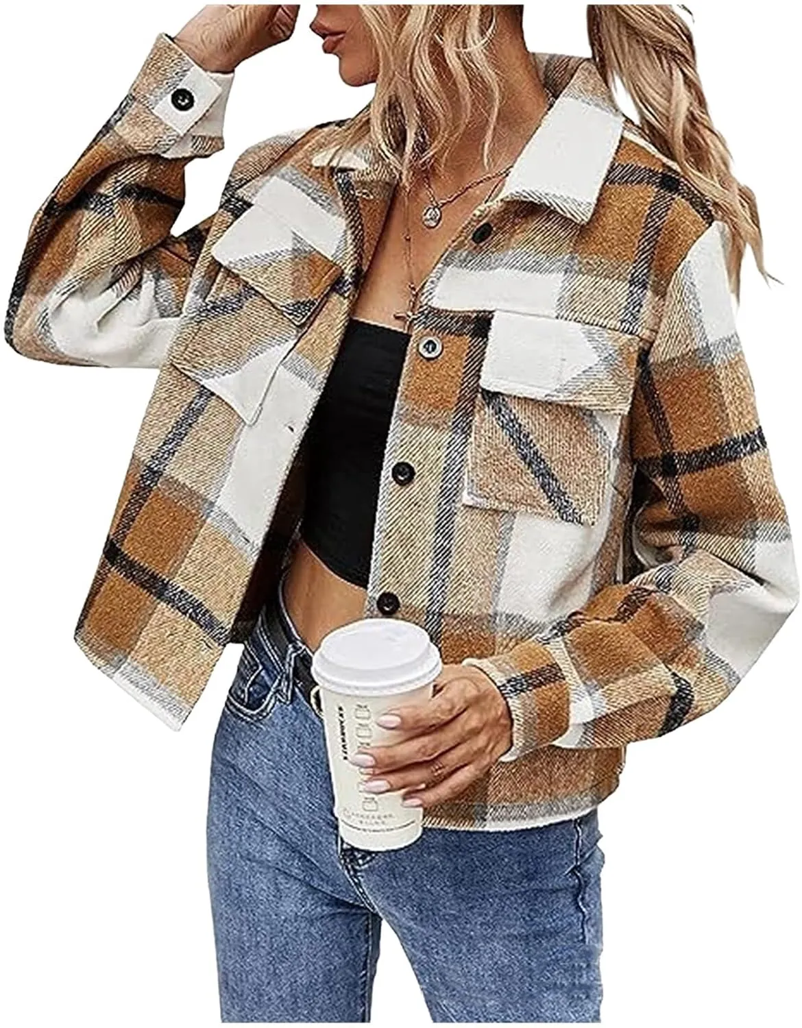 Women's Fashion Cropped Flannel Wool Blend Plaid Shacket Long Sleeve Button Down Jackets 2023 Fall Casual Coat Pockets