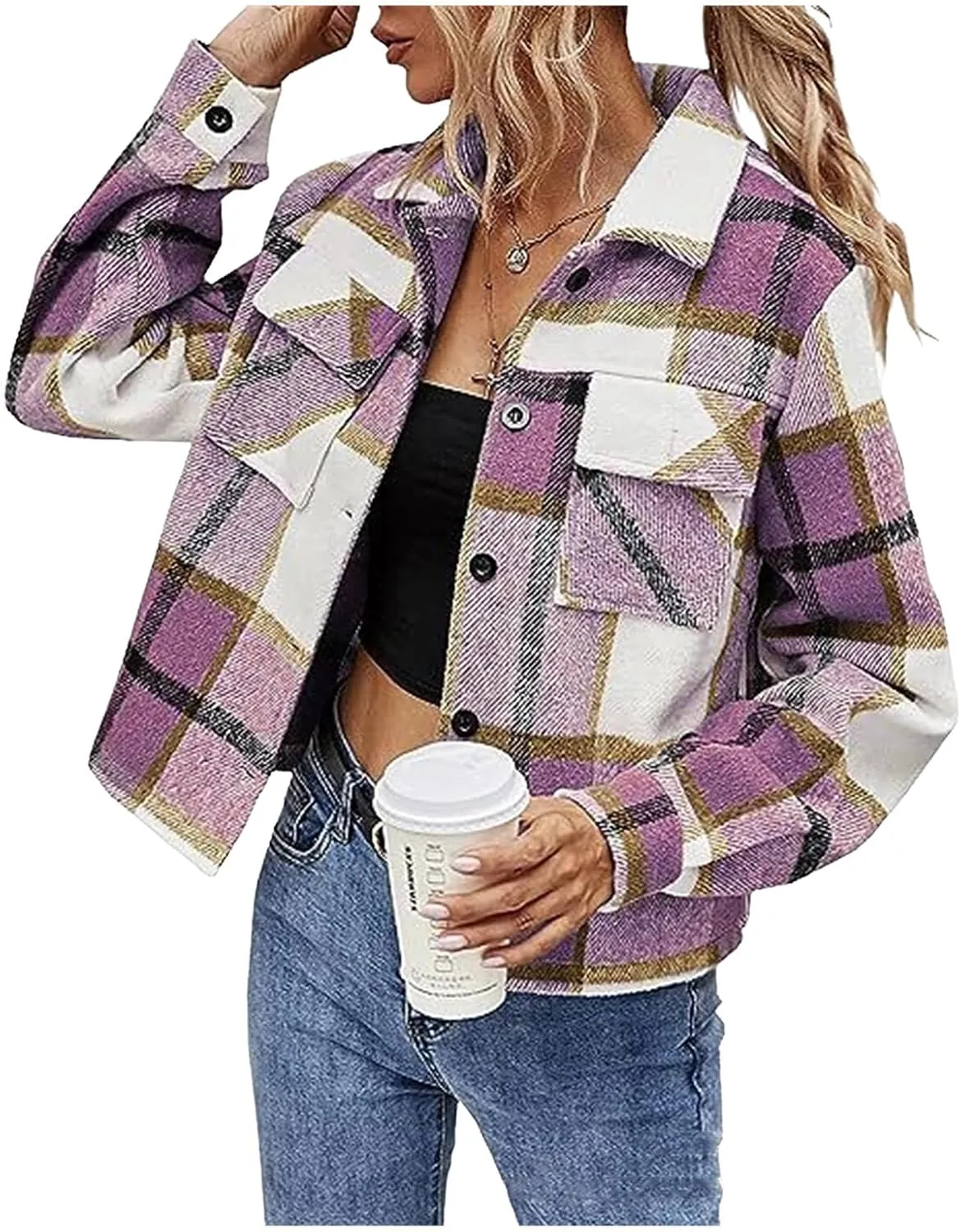 Women's Fashion Cropped Flannel Wool Blend Plaid Shacket Long Sleeve Button Down Jackets 2023 Fall Casual Coat Pockets