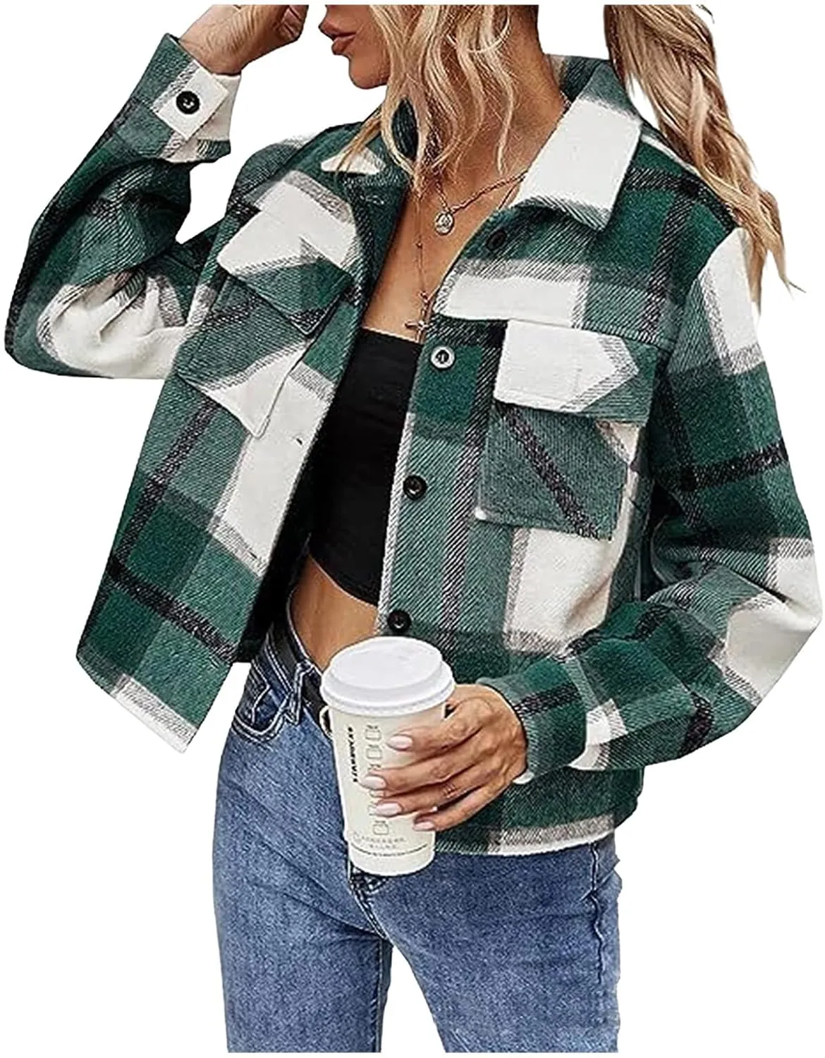 Women's Fashion Cropped Flannel Wool Blend Plaid Shacket Long Sleeve Button Down Jackets 2023 Fall Casual Coat Pockets
