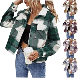 Women's Fashion Cropped Flannel Wool Blend Plaid Shacket Long Sleeve Button Down Jackets 2023 Fall Casual Coat Pockets