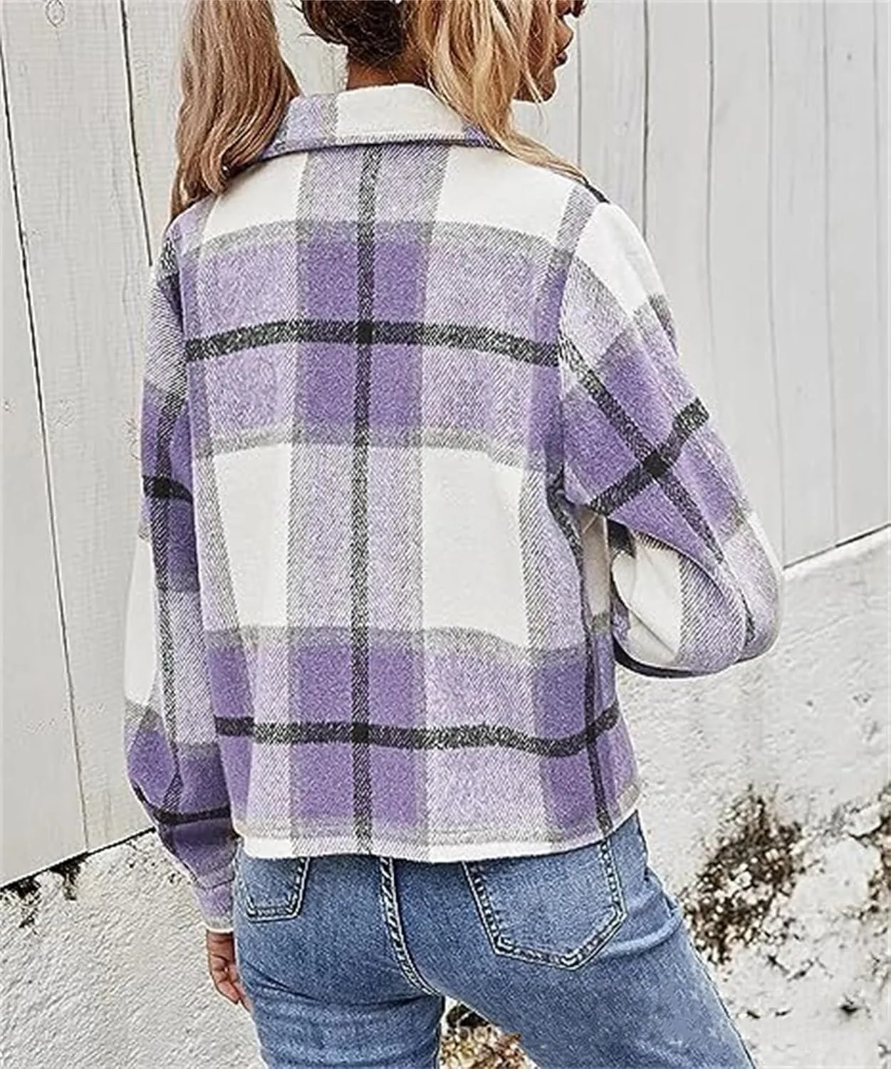 Women's Fashion Cropped Flannel Wool Blend Plaid Shacket Long Sleeve Button Down Jackets 2023 Fall Casual Coat Pockets