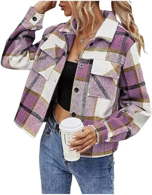 Women's Fashion Cropped Flannel Wool Blend Plaid Shacket Long Sleeve Button Down Jackets 2023 Fall Casual Coat Pockets