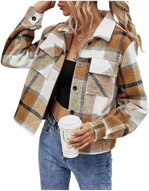 Women's Fashion Cropped Flannel Wool Blend Plaid Shacket Long Sleeve Button Down Jackets 2023 Fall Casual Coat Pockets