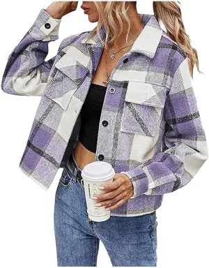 Women's Fashion Cropped Flannel Wool Blend Plaid Shacket Long Sleeve Button Down Jackets 2023 Fall Casual Coat Pockets