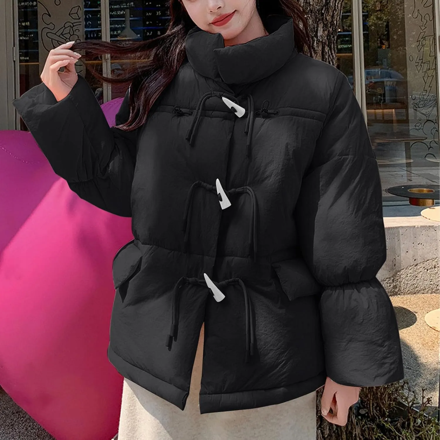 Women's Fashion Puffer Jackets Dressy Casual Stand Collar Bubble Coats Cardigan Teen Girls Baggy Quilted Down Jackets