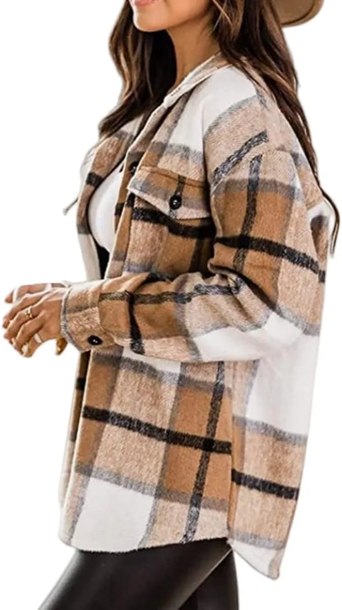 Womens Flannel Plaid Shacket Oversized Button Down Shirt Jacket Casual Wool Blend Jackets Cropped Brushed Warm Coat