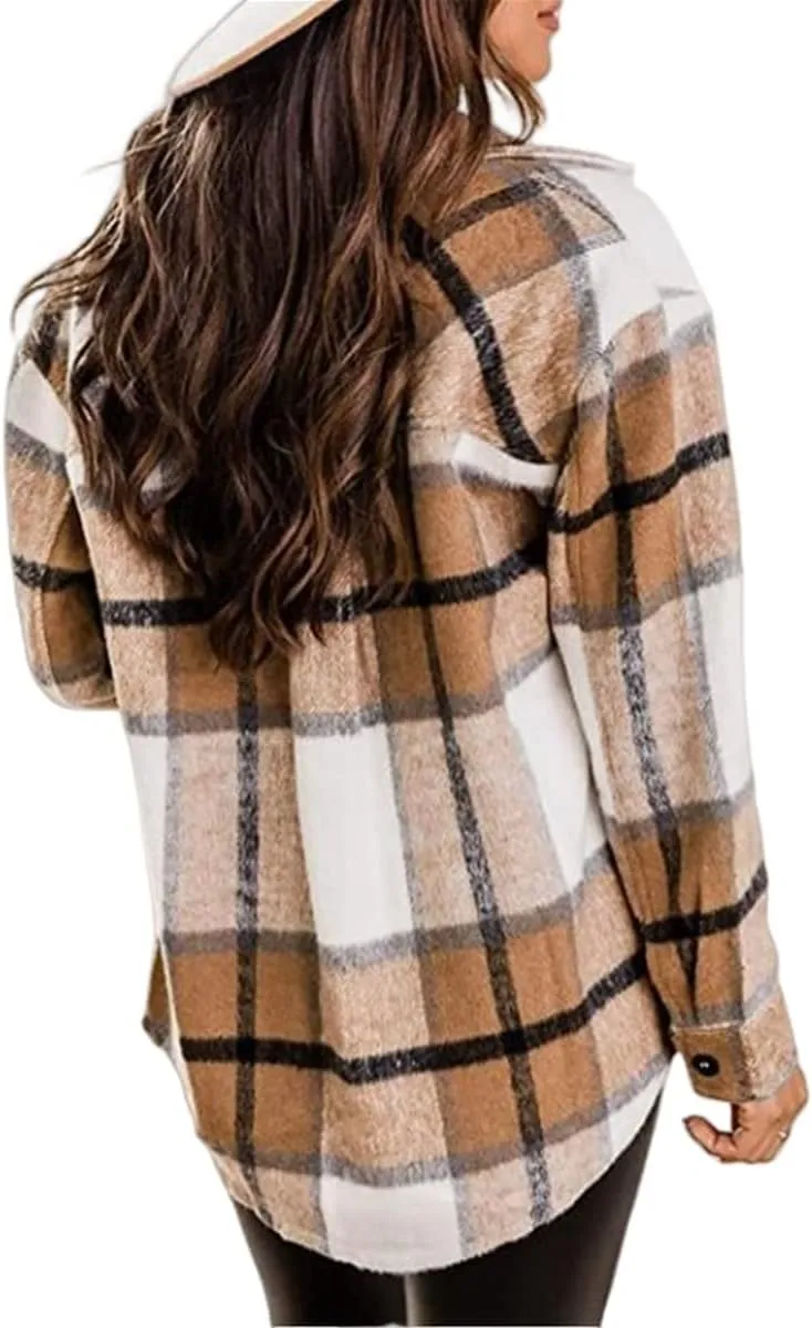 Womens Flannel Plaid Shacket Oversized Button Down Shirt Jacket Casual Wool Blend Jackets Cropped Brushed Warm Coat
