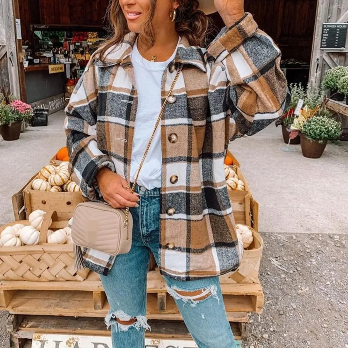 Womens Flannel Plaid Shacket Oversized Button Down Shirt Jacket Casual Wool Blend Jackets Cropped Brushed Warm Coat