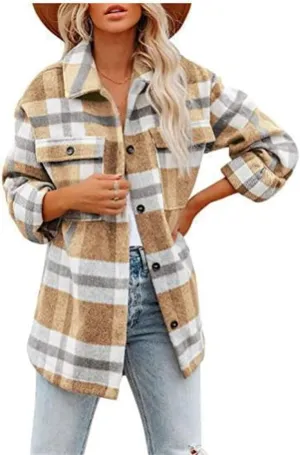 Womens Flannel Plaid Shacket Oversized Button Down Shirt Jacket Casual Wool Blend Jackets Cropped Brushed Warm Coat