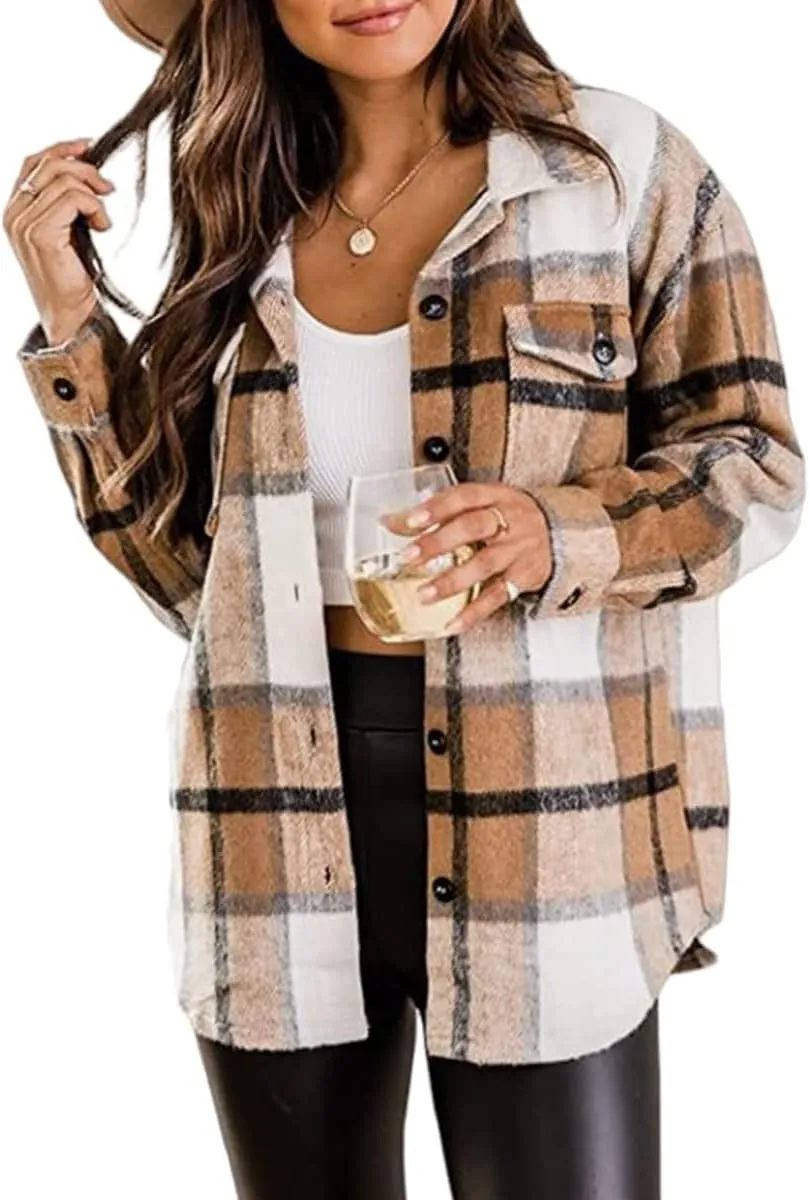 Womens Flannel Plaid Shacket Oversized Button Down Shirt Jacket Casual Wool Blend Jackets Cropped Brushed Warm Coat