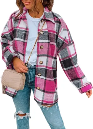 Womens Flannel Plaid Shacket Oversized Button Down Shirt Jacket Casual Wool Blend Jackets Cropped Brushed Warm Coat