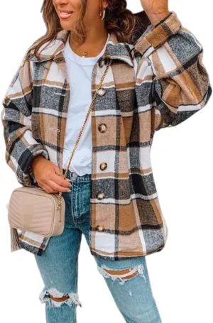 Womens Flannel Plaid Shacket Oversized Button Down Shirt Jacket Casual Wool Blend Jackets Cropped Brushed Warm Coat