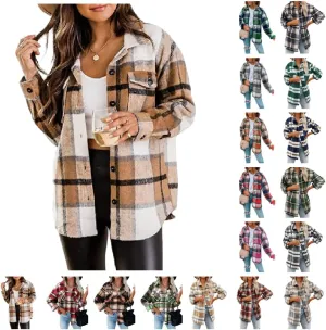 Womens Flannel Plaid Shacket Oversized Button Down Shirt Jacket Casual Wool Blend Jackets Cropped Brushed Warm Coat