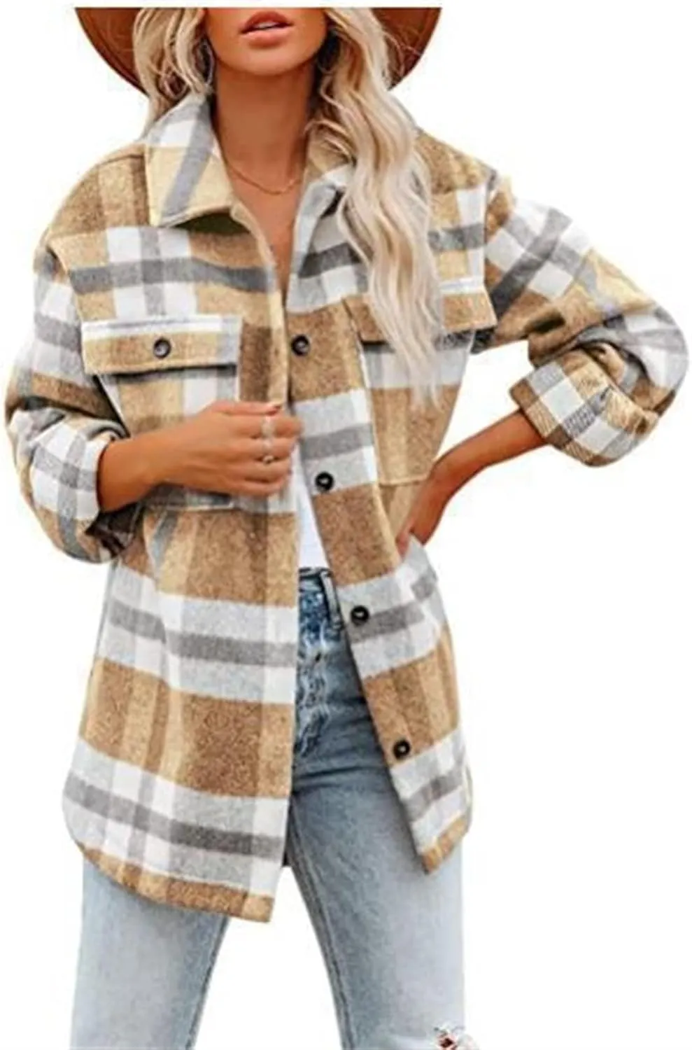 Womens Flannel Plaid Shacket Oversized Button Down Shirt Jacket Casual Wool Blend Jackets Cropped Brushed Warm Coat